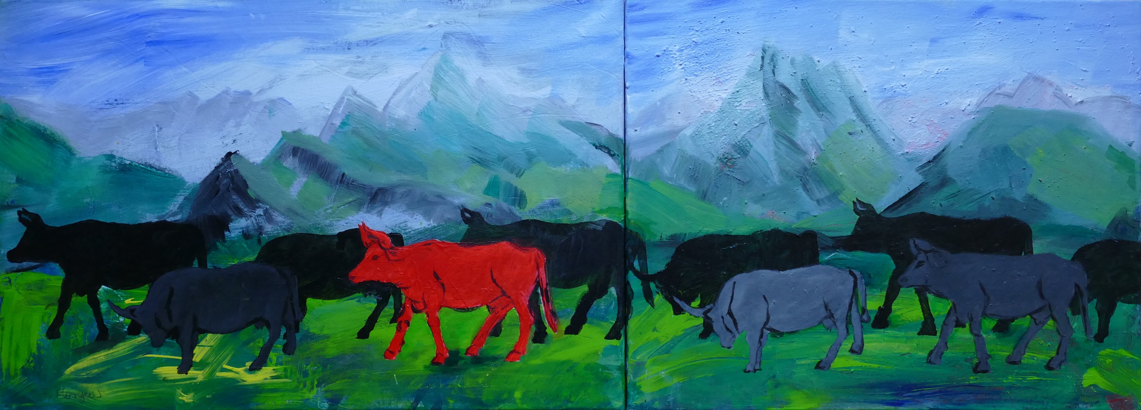 Bild von Franziska Morgner-Fanderl - Kuhparade, Acryl, 40 x 110 